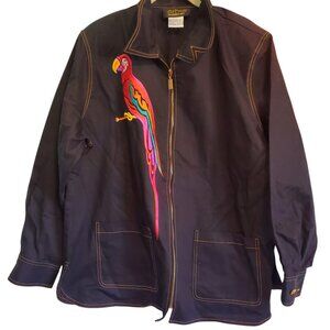 Vintage Bob Mackie Wearable Art Colorful Parrot Embroidered Black Denim Jacket